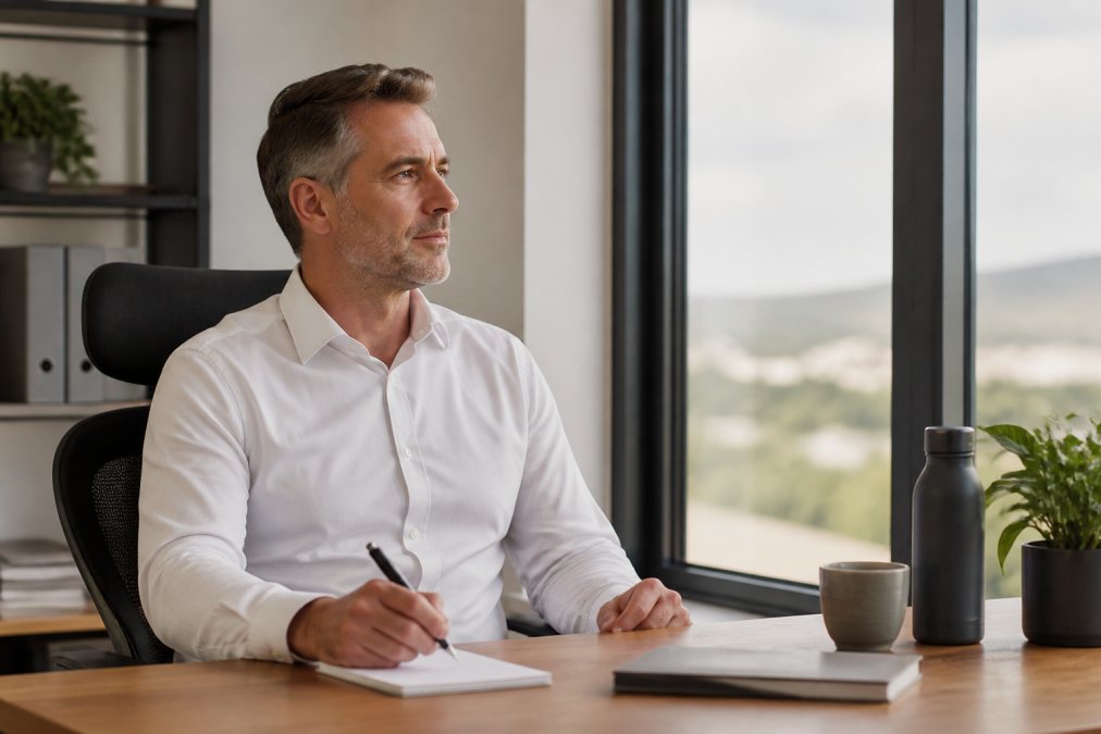Professional at ergonomic desk in modern office, looking focused and energised with clear desk space, natural window lighting, showing sustained wellbeing and mental clarity weeks after wellness retreat