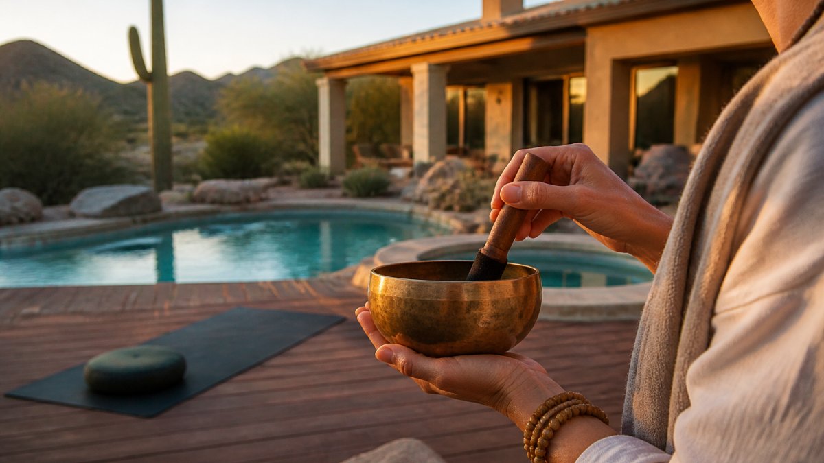 Serene desert villa with a pool and yoga deck at a Sonoran wellness retreat during golden hour
