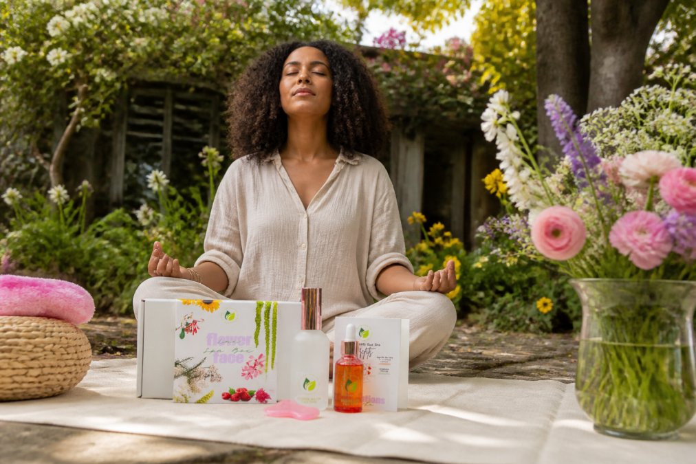 Woman sitting peacefully in a garden surrounded by blooming flowers, eyes closed in meditation, with soft natural sunlight filtering through the foliage