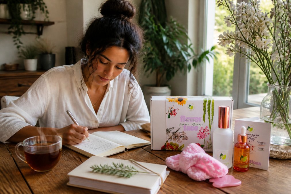 Woman journaling at a wooden table with a steaming cup of tea, botanical skincare products, and a notebook open beside her, planning her retreat in natural afternoon light
