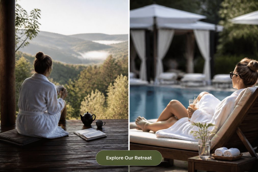 A person in a white robe sitting alone on a timber deck overlooking a misty valley, with a tea cup and journal beside them, soft morning light