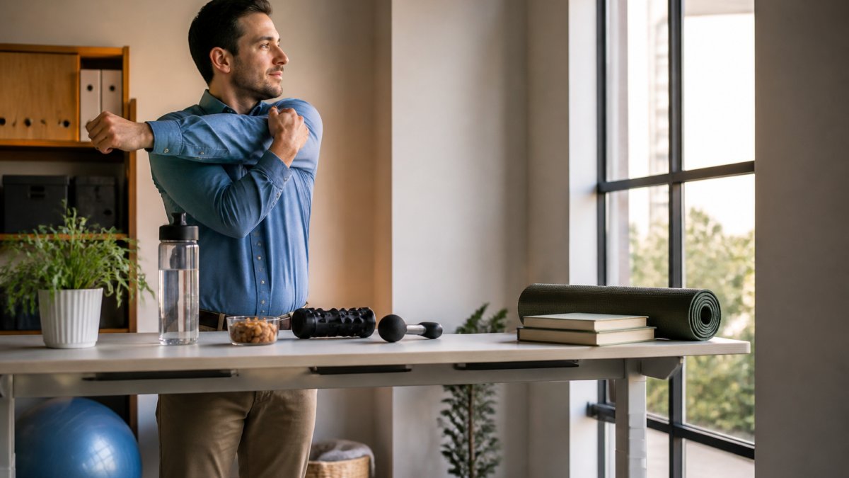 Professional at standing desk during workday with water bottle, healthy snack, and taking a stretching break, showing real-life wellness integration during busy office hours