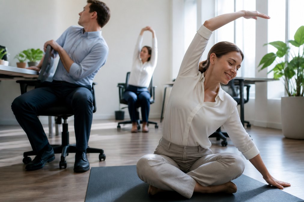 Professional in business casual clothing performing desk stretches and yoga poses at their workspace with natural morning light streaming through office windows