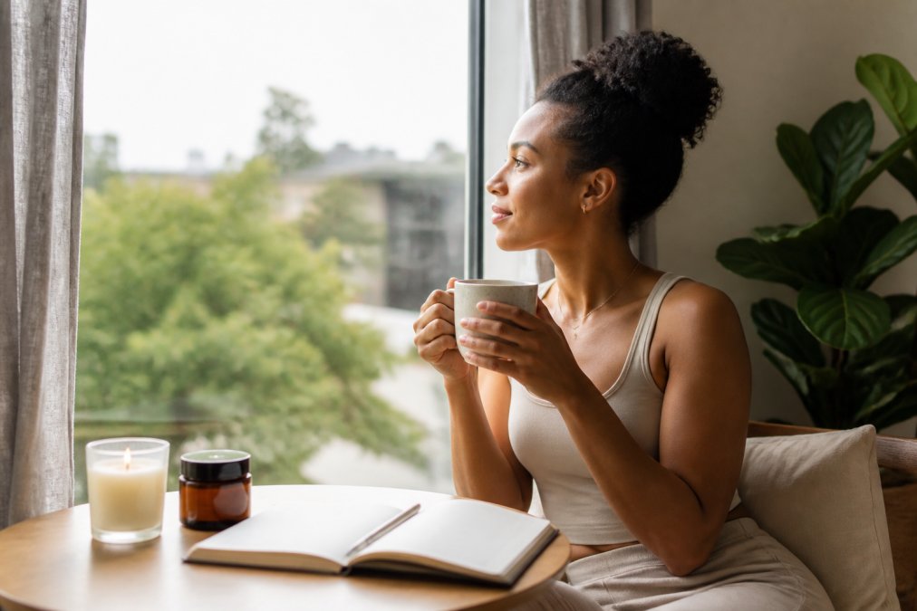 Person holding a warm beverage during a quiet moment of reflection, sitting by a window with a journal and wellness product nearby, soft natural light