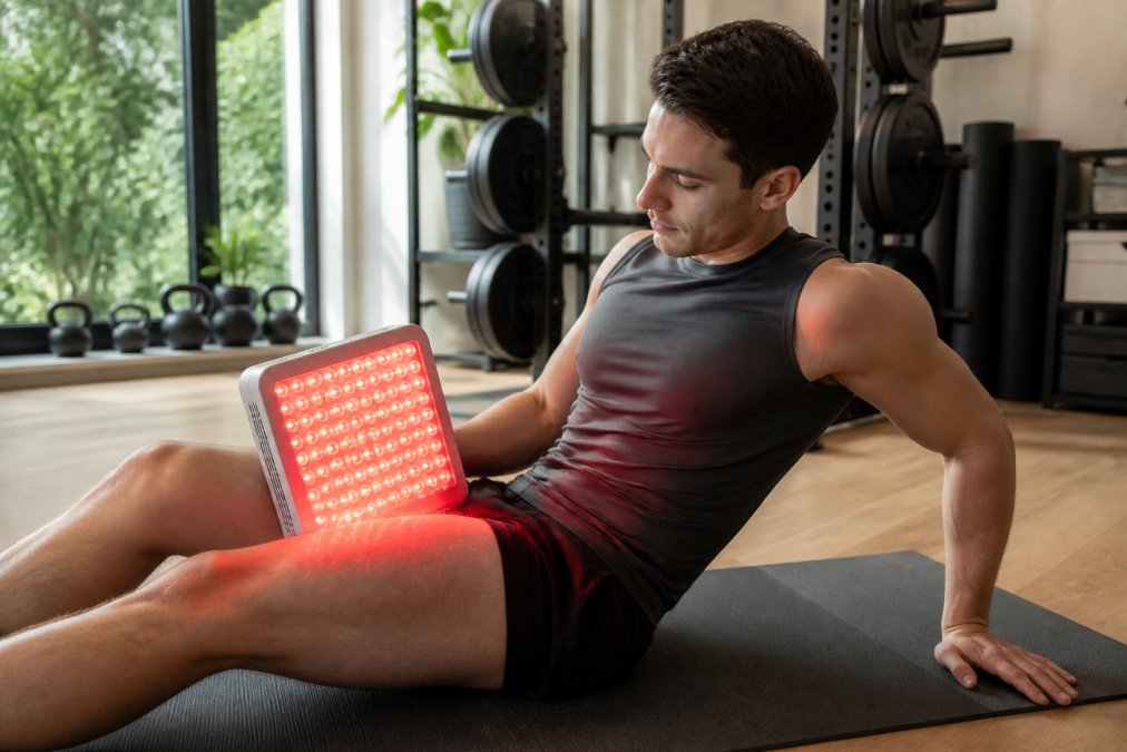Athlete using red light therapy panel on leg after workout, focused expression, modern home gym setting with natural light