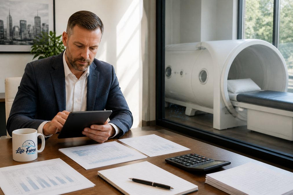 A healthcare business owner in a modern Atlanta clinic office reviewing financial reports on a tablet, with a hyperbaric chamber visible through a glass partition behind them, bright natural lighting