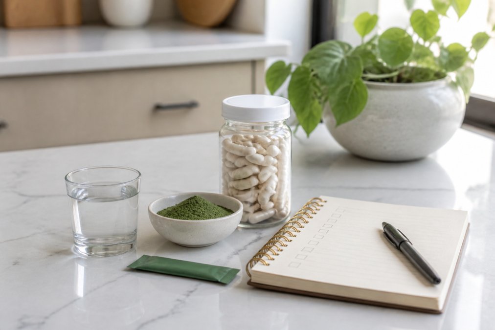 A flat lay of daily wellness essentials on a bright kitchen counter: a greens powder stick pack, a small glass of water, magnesium capsules in a clear jar, and a notebook with a morning checklist