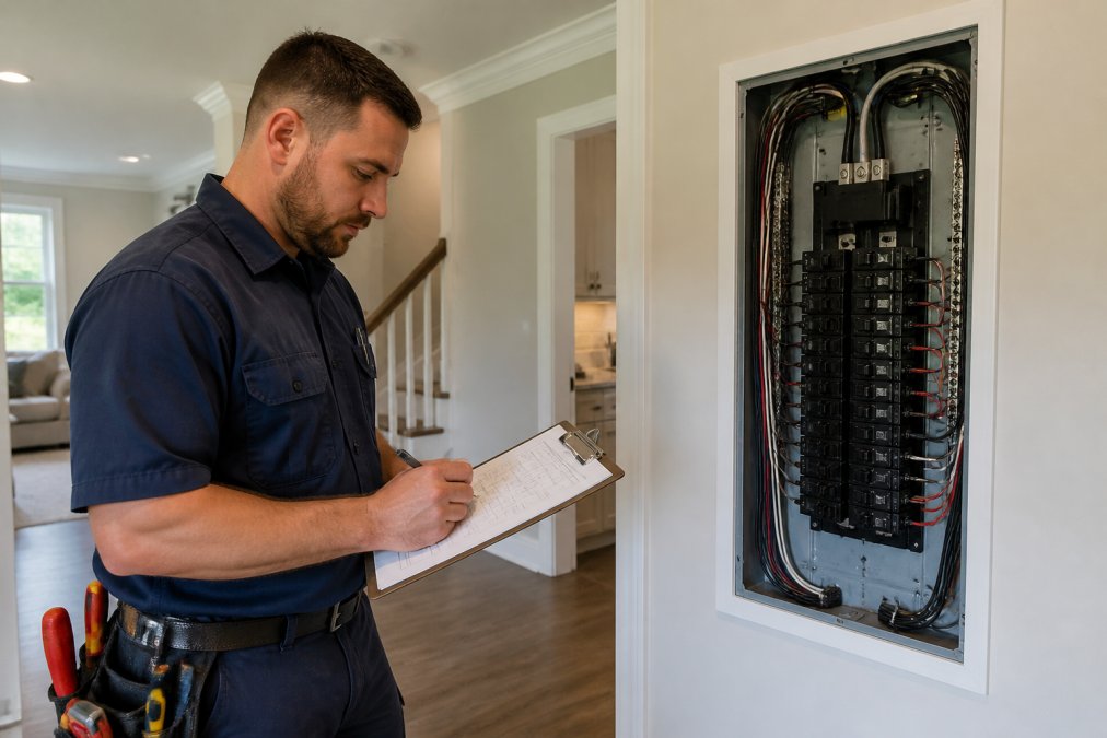 A professional electrician in a clean uniform reviewing a detailed project plan on a clipboard inside a well-lit modern home near a panel upgrade