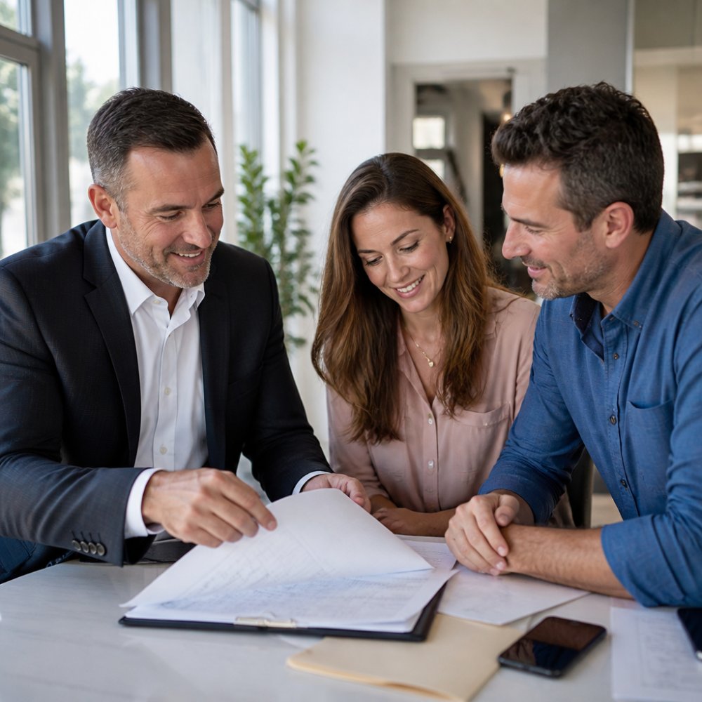 A professional real estate broker reviewing property documents with a couple at a bright modern desk in a Central Florida office