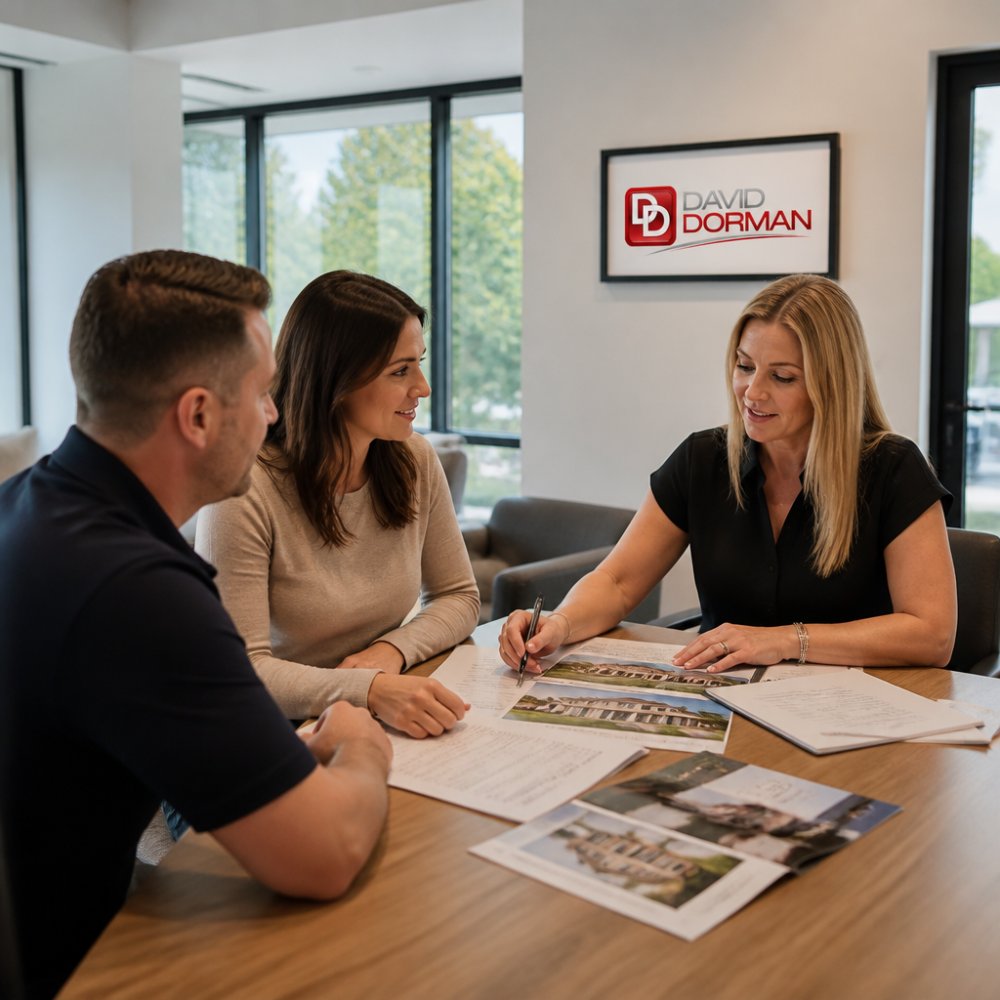 Professional real estate agent meeting with a couple in a modern office, reviewing property documents and market analysis on a wooden desk with natural light from large windows