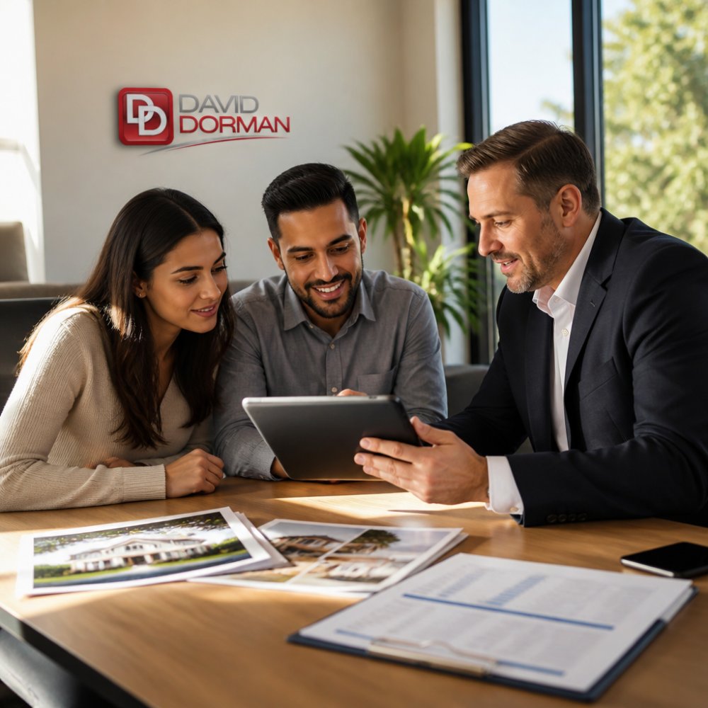 First-time homebuyers reviewing property listings on a tablet with a real estate agent in a bright, modern office setting, with market analysis documents on the desk
