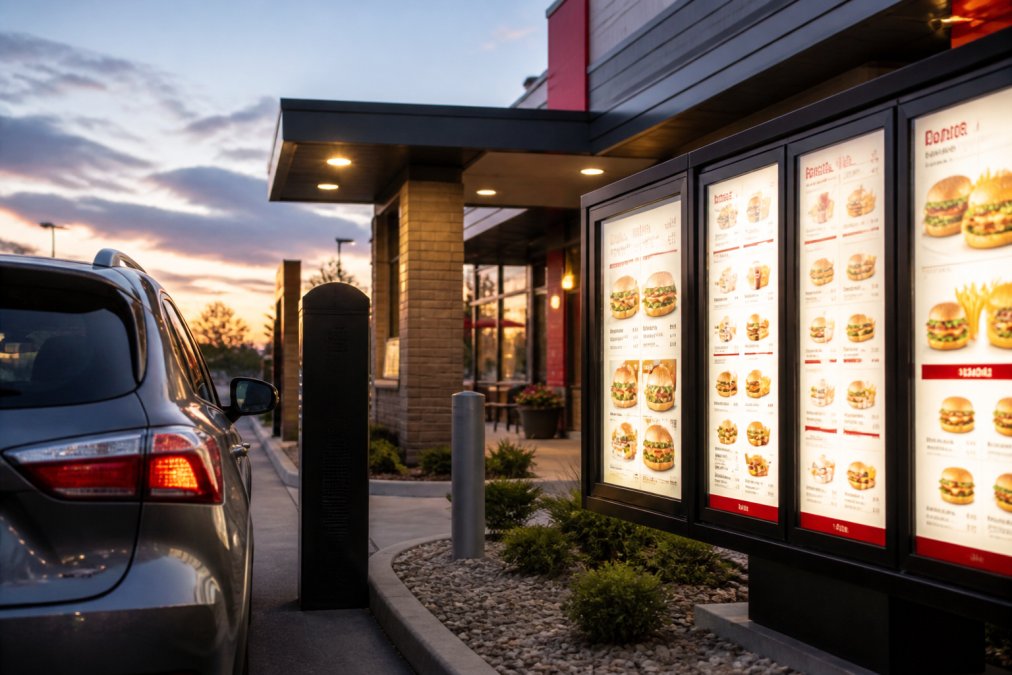Wendy's drive-thru window at dusk with illuminated menu board, customer ordering at speaker, modern storefront visible in background