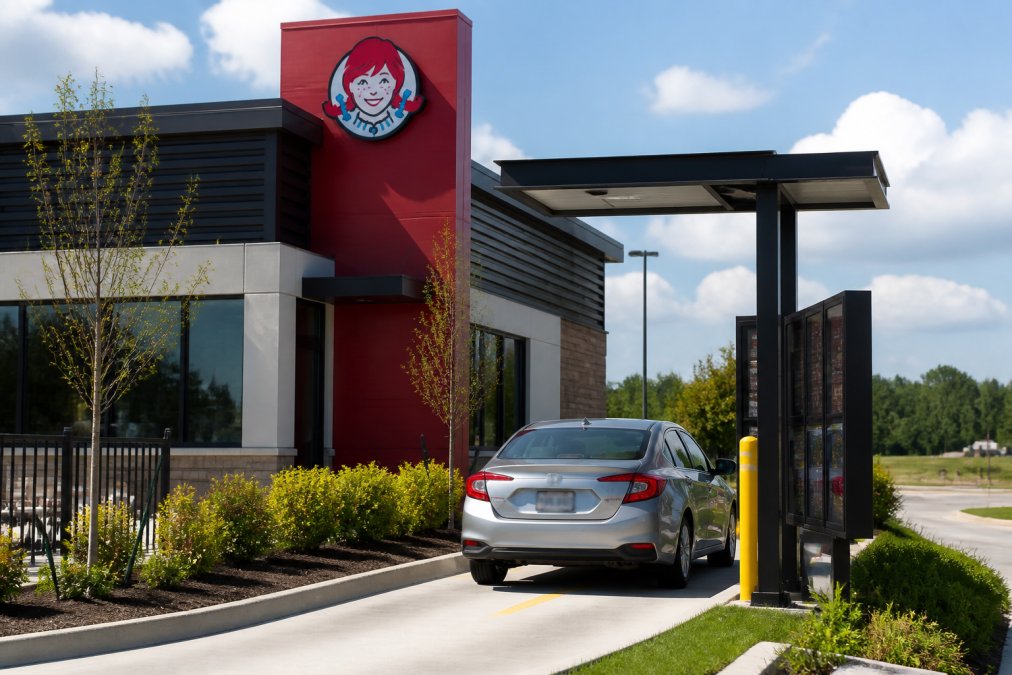 A modern Wendy's restaurant exterior with a visible drive-thru lane and digital menu boards, shot during the day with clear signage