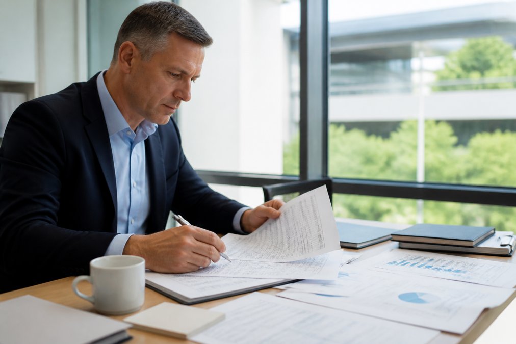 Financial analyst reviewing balance sheet documents on desktop computer with notebook and pen in modern office setting with natural window lighting