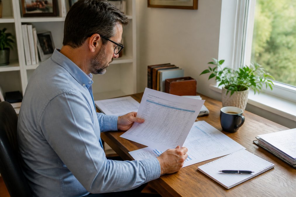 Retail investor reviewing dividend payment history and yield data on laptop screen in home office with natural lighting