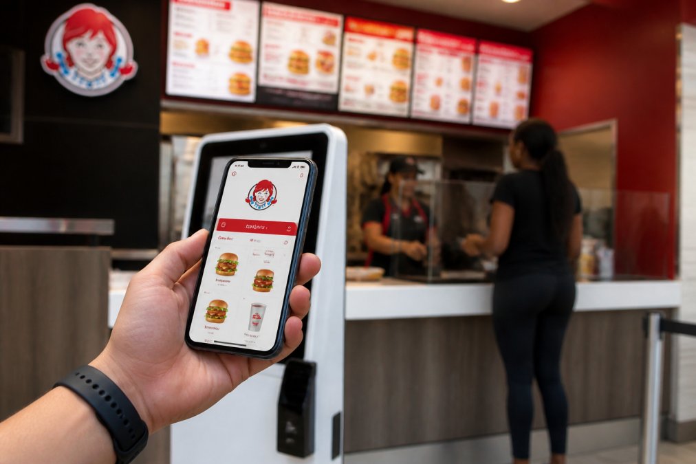 Close-up of customer's hand using mobile app on smartphone to place digital order at a Wendy's kiosk, with menu board visible in background and restaurant counter staff in soft focus