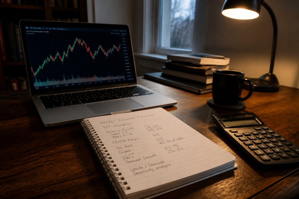 A close-up of a financial analyst's desk with a laptop showing stock charts, a calculator, and a notebook with handwritten notes in a dimly lit home office
