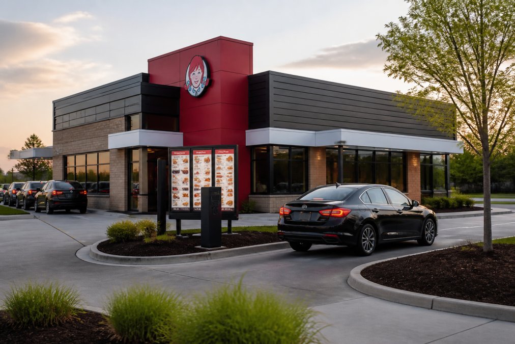 Modern Wendy's restaurant exterior with illuminated digital menu boards, contemporary architectural design, and active drive-thru lane with vehicles, showcasing contemporary technology integration and customer flow