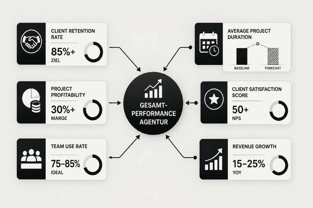 Flowchart zeigt die Verbindung zwischen sechs KPIs für Agenturmanagement: Client Retention Rate (85%+ Ziel), Project Profitability (30%+ Marge), Team Use Rate (75-85% Ideal), Average Project Duration (Baseline vs. Forecast), Client Satisfaction Score (NPS 50+), Revenue Growth (YoY 15-25%) - alle verbunden zu Overall Agency Performance