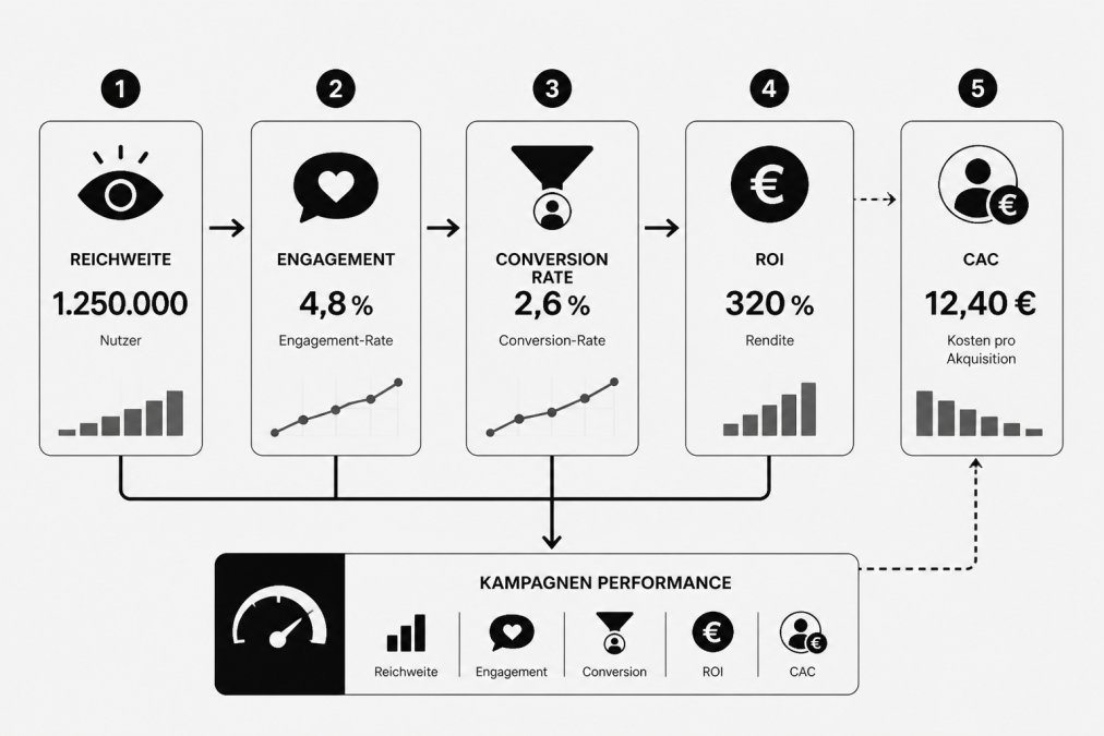 Flowchart showing interconnection between marketing KPIs: reach → engagement → conversion rate → ROI and CAC, with arrows showing how each metric feeds into overall campaign performance evaluation