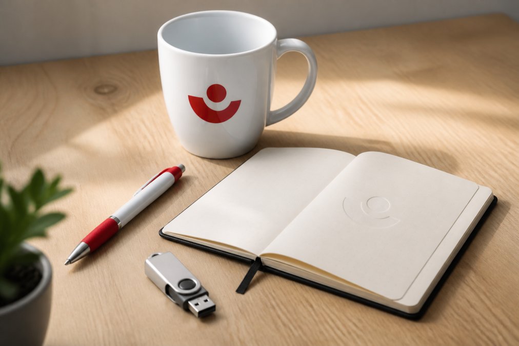 Flach auf einem hellen Holztisch arrangierte Werbeartikel: ein bedruckter Kugelschreiber in Markenfarben, eine weiße Tasse mit rotem Firmenlogo, ein aufgeklapptes Notizbuch mit Logoprägung und ein silberner USB-Stick, alle unter warmem Tageslicht fotografiert