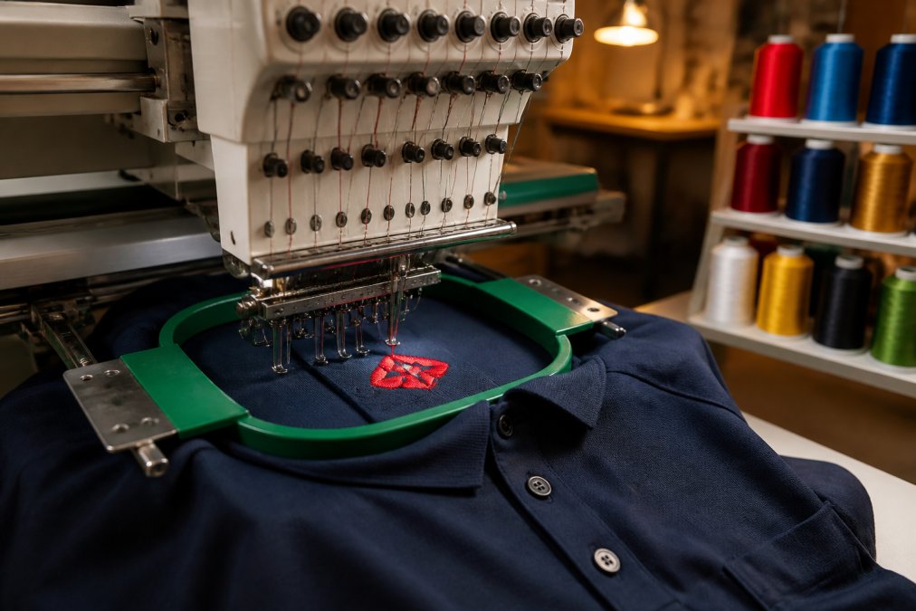 Nahaufnahme einer professionellen Stickmaschine in einer Manufaktur, die ein rotes Firmenlogo auf ein dunkelblaues Poloshirt stickt, Fäden und Nadeln klar sichtbar, warmes Werkstattlicht im Hintergrund