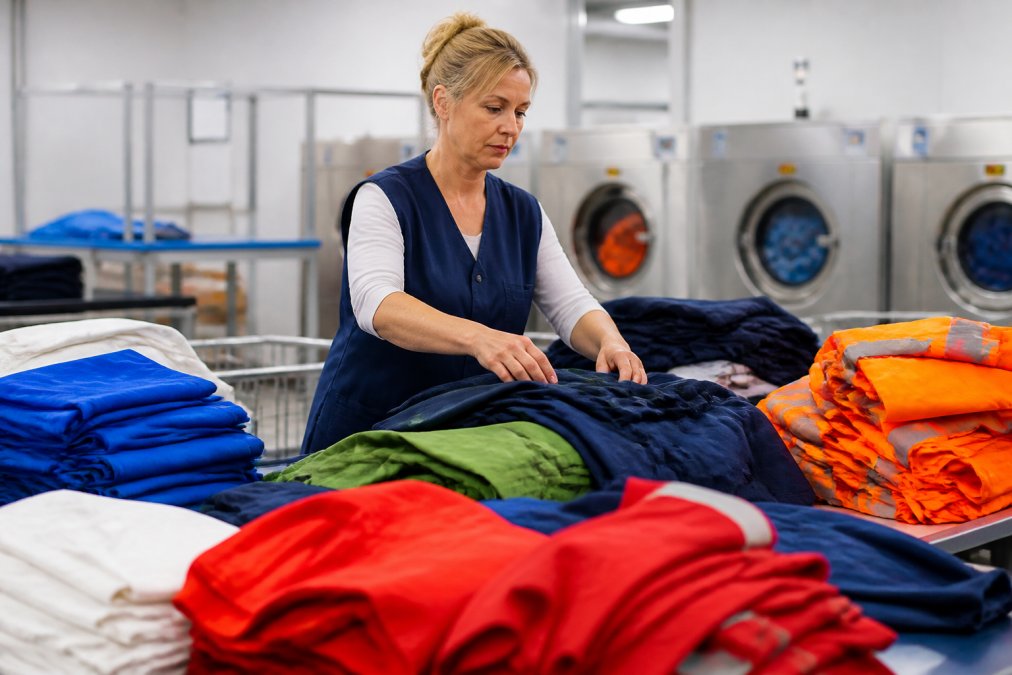 Een medewerker van een regionale wasserij sorteert kleurrijke bedrijfskleding en uniformen in een heldere, overzichtelijke ruimte met wasmachines op de achtergrond