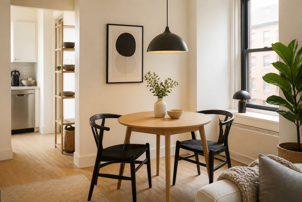 Infographic illustrating layout and lighting tips for small dining tables in a compact studio apartment.