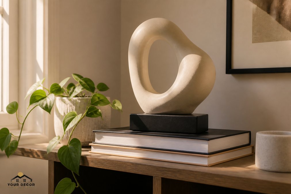 A styled living room shelf featuring an abstract resin sculpture beside a stack of hardcover books and a small trailing plant, soft afternoon window light grazing the sculpture's curves