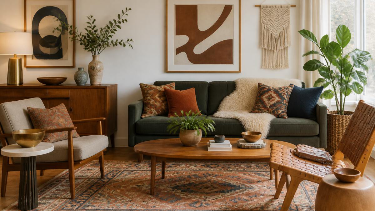 Styled living room featuring mid-century modern furniture with clean lines alongside bohemian-inspired textiles and artful accents, showing both design aesthetics in one cohesive space with natural window lighting