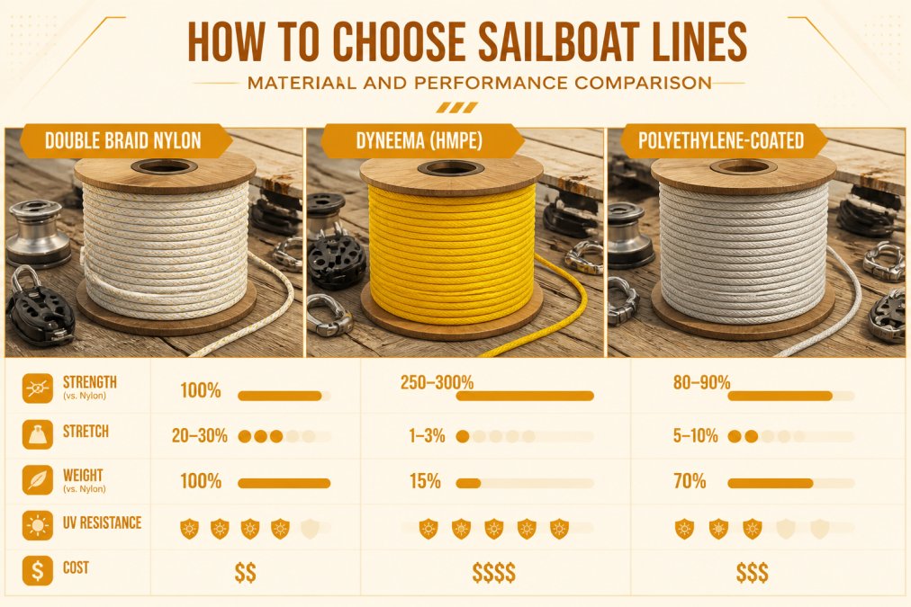 Close-up of different colored marine rope spools showing double braid nylon in white, dyneema in bright yellow, and polyethylene-coated lines arranged side by side on a weathered dock workbench with marine hardware scattered nearby