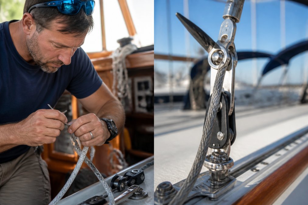 Experienced marine technician carefully performing Dyneema line splicing on sailboat rigging, hands working with professional splicing tools and marine hardware, bright natural light from boat's cabin, detailed close-up of rope work and fittings