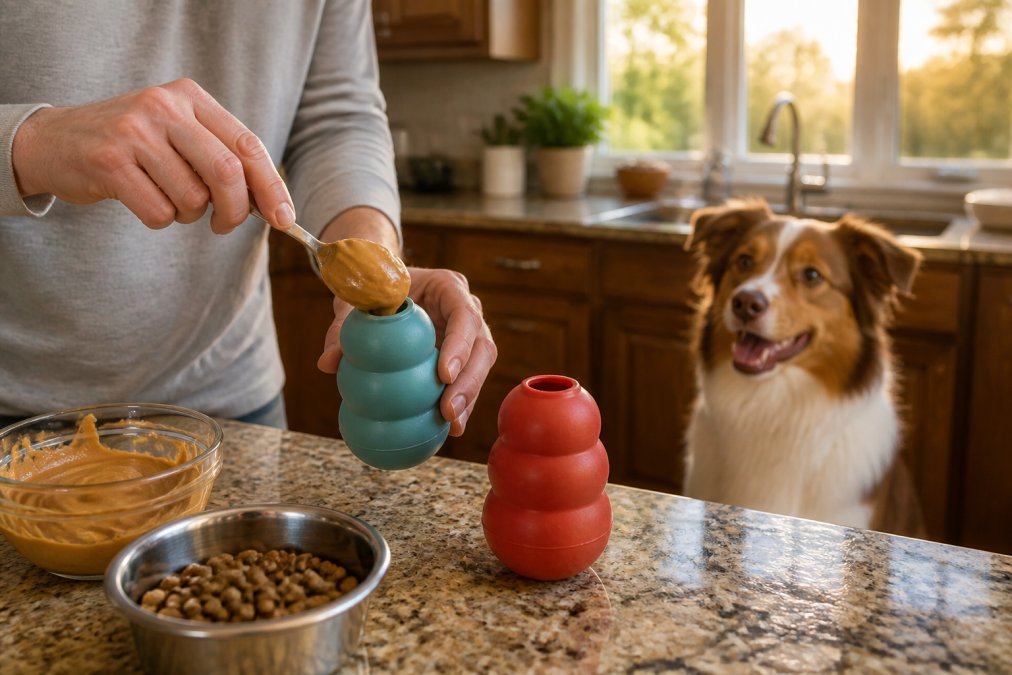 A dog owner filling a treat toy with kibble while their happy dog waits in the kitchen during a west paw vs kong test.