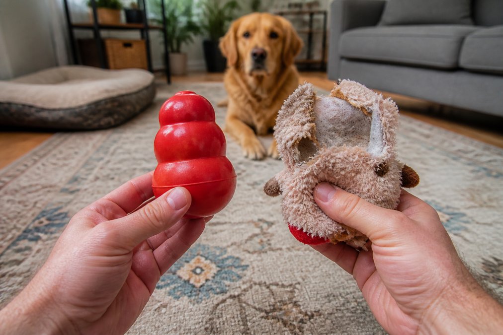 Hands comparing a durable rubber toy to a destroyed plush toy while a dog watches, relevant for west paw vs kong.
