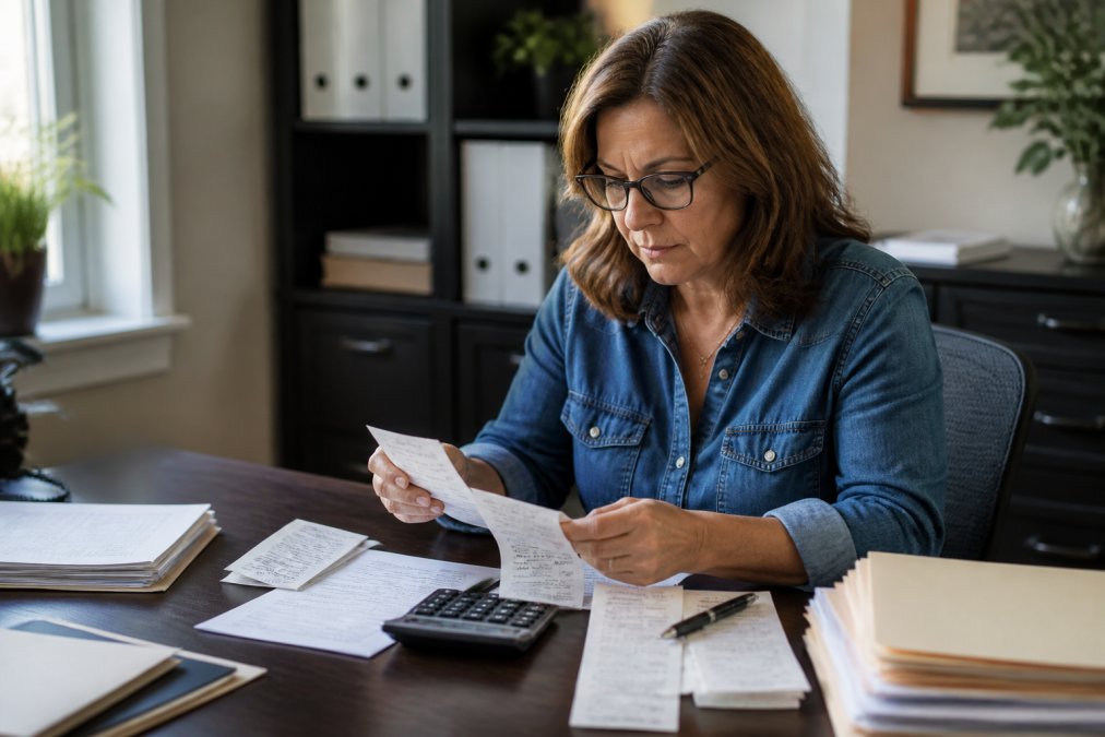 Small business owner reviewing organized financial records, receipts, and invoices at a desk with a laptop and filing system in natural office lighting