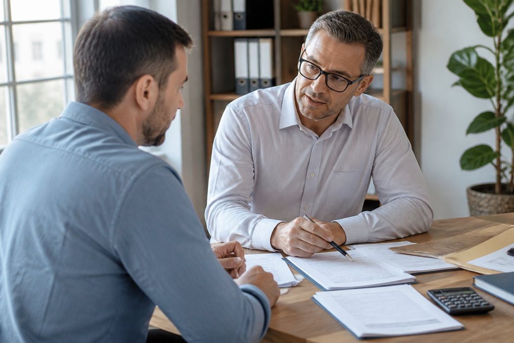 Accountant discussing tax deduction strategy with small business owner in a professional office setting with natural lighting