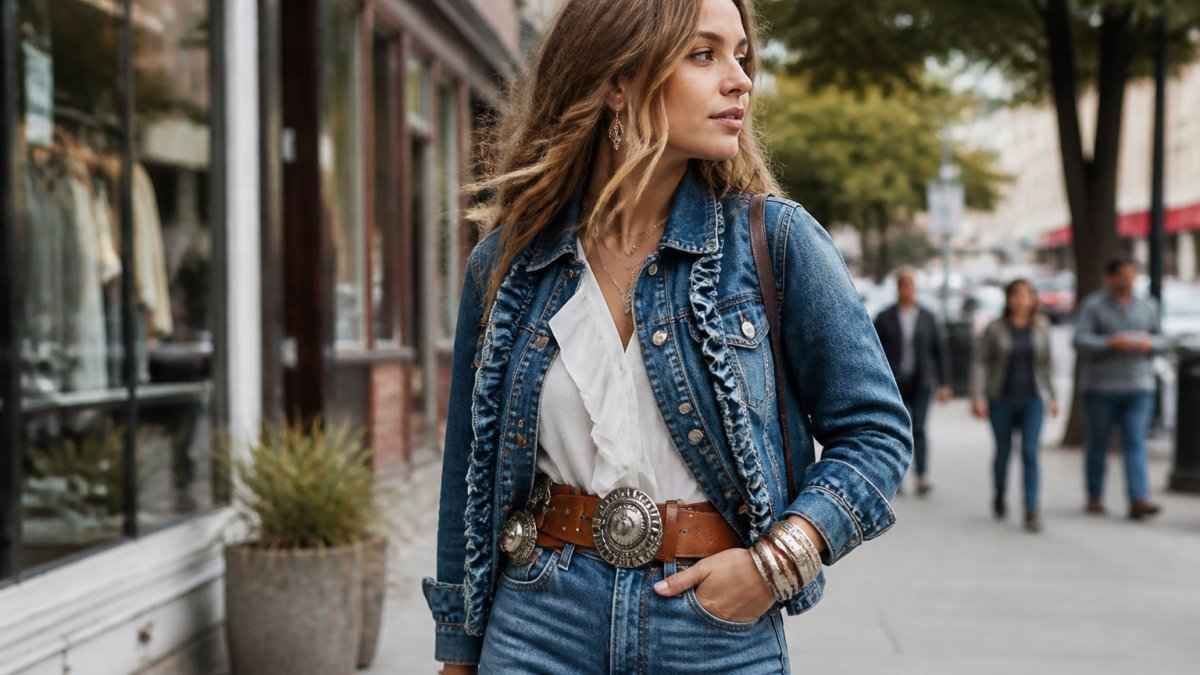 A young woman in a denim jacket with ruffled trim, a wide chunky belt, and stacked bangles standing on a city sidewalk, western-inspired street style