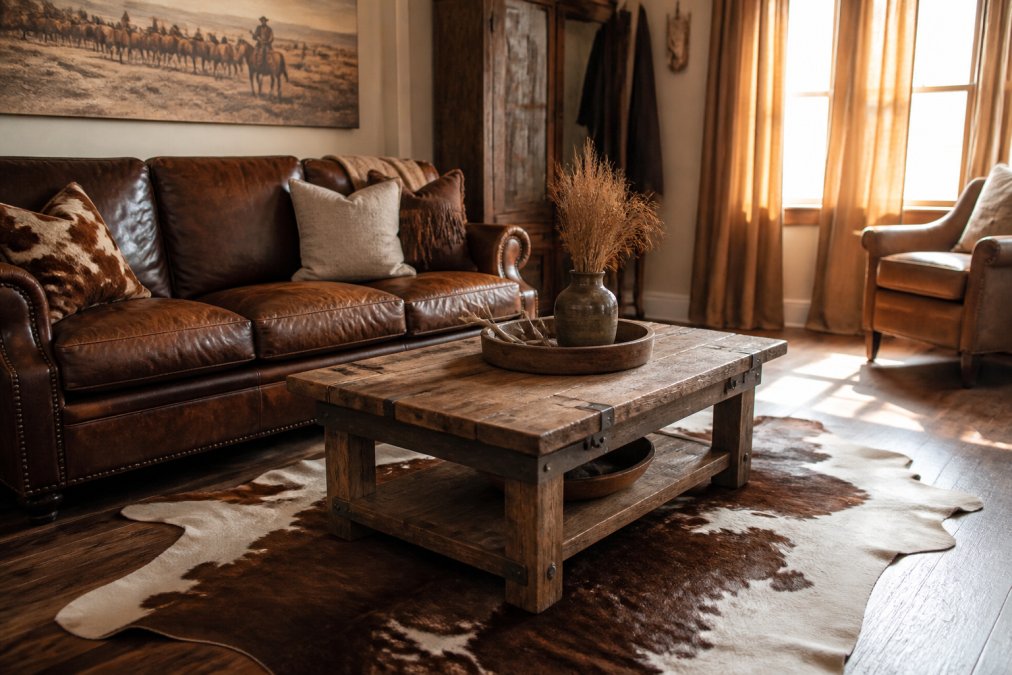 A cozy living room with a worn brown leather sofa, reclaimed wood coffee table, cowhide rug on hardwood floors, and warm afternoon sunlight streaming through western-style curtains