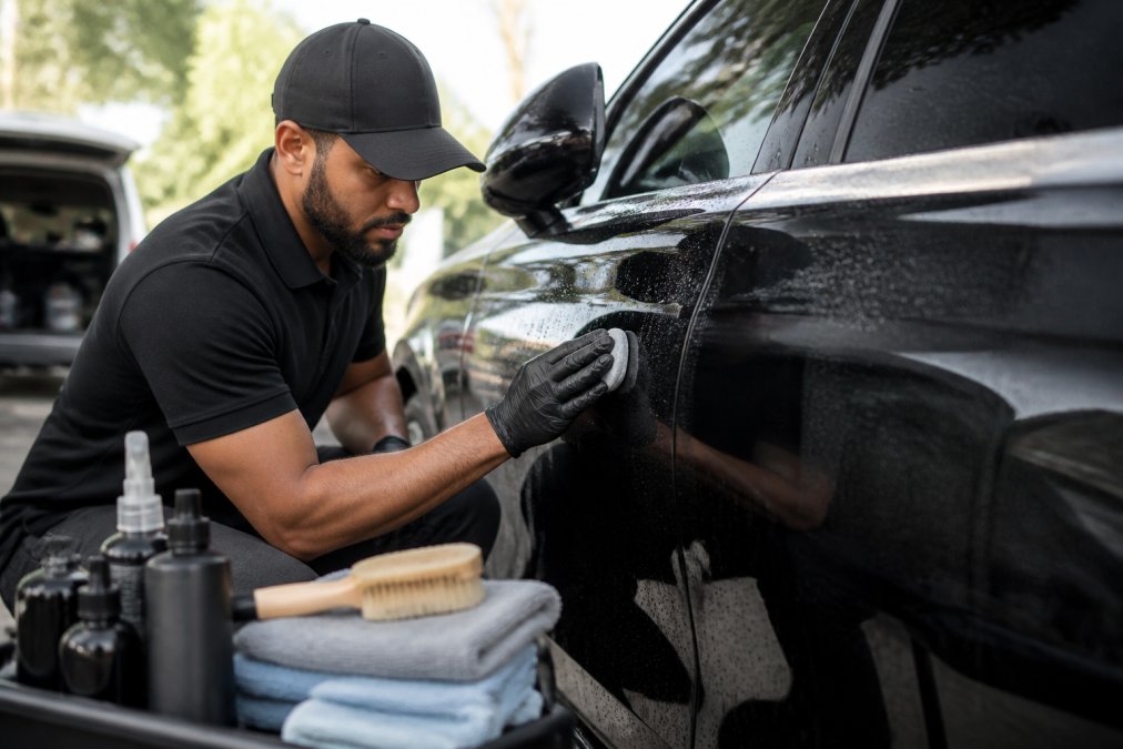 Professional detailer carefully applying clay bar treatment to luxury vehicle's exterior paint under bright natural light, with specialized equipment and microfiber towels visible on work table