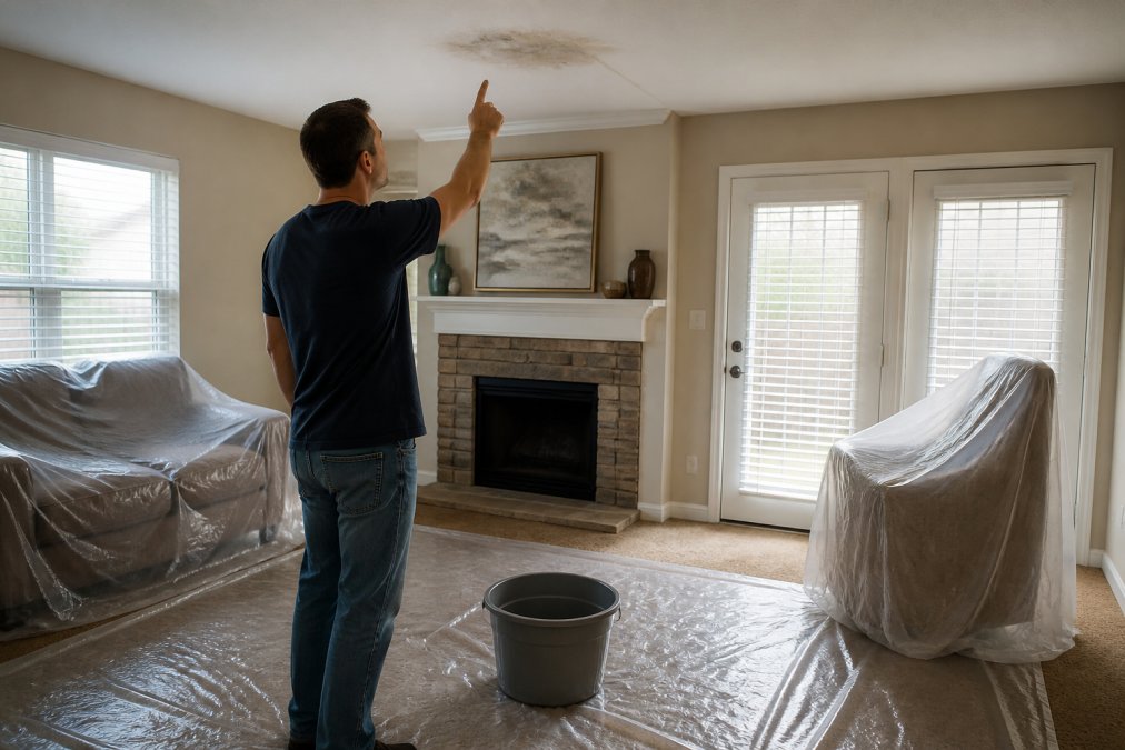 A homeowner placing a plastic bucket on the floor under a wet ceiling stain to catch dripping water, with furniture moved away from the area and plastic sheeting protecting the carpet