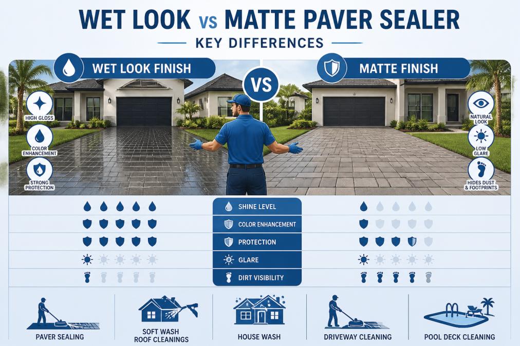 Professional demonstrating wet look vs matte paver sealer finish comparison on identical paver driveways showing reflective glossy surface versus natural matte appearance in bright daylight