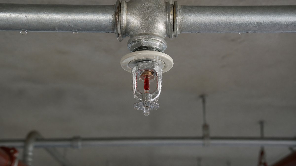 Close-up of a water-filled sprinkler head mounted on a commercial building ceiling with visible piping network and water droplets, showing the connection point where water is stored under pressure