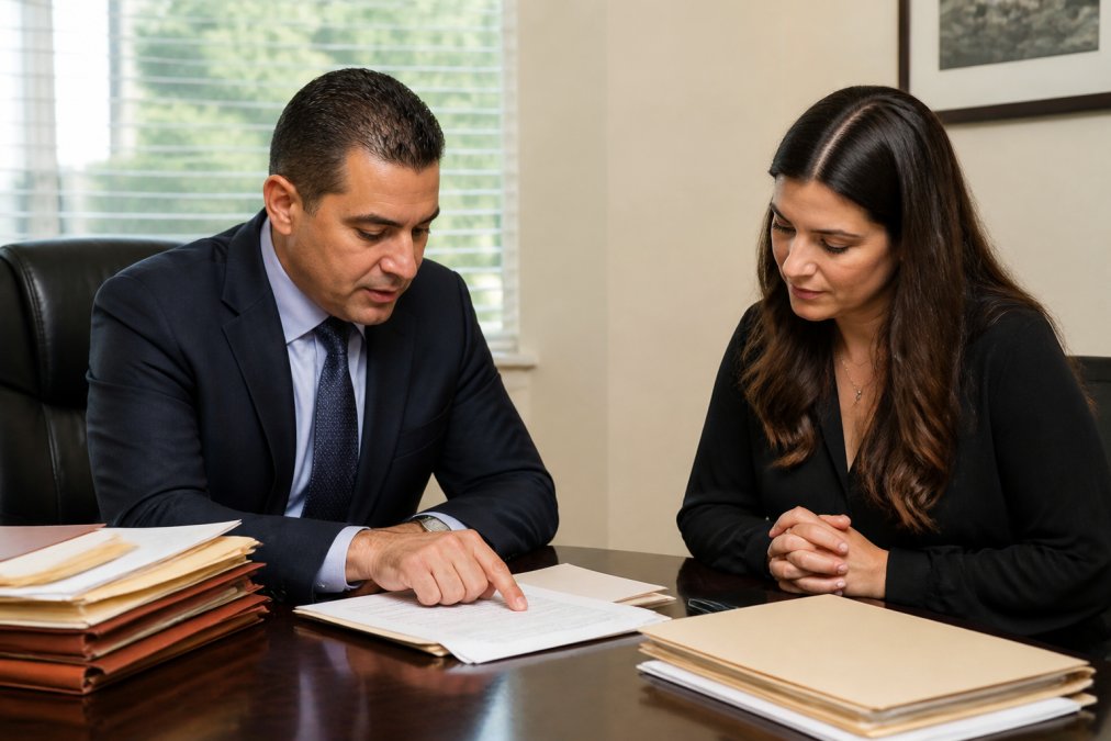 Defense attorney and client reviewing case documents and legal paperwork at a desk in a law office, with case files and legal briefs visible, natural office lighting