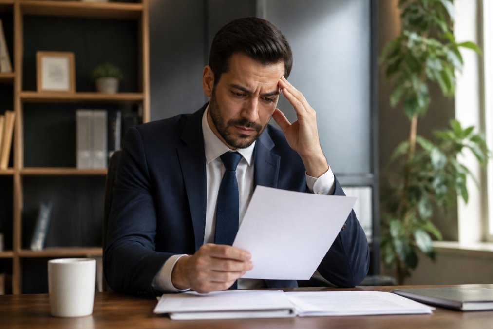 Professional in business attire looking concerned while reviewing a letter or document at their workplace desk, with office environment visible in background, natural lighting
