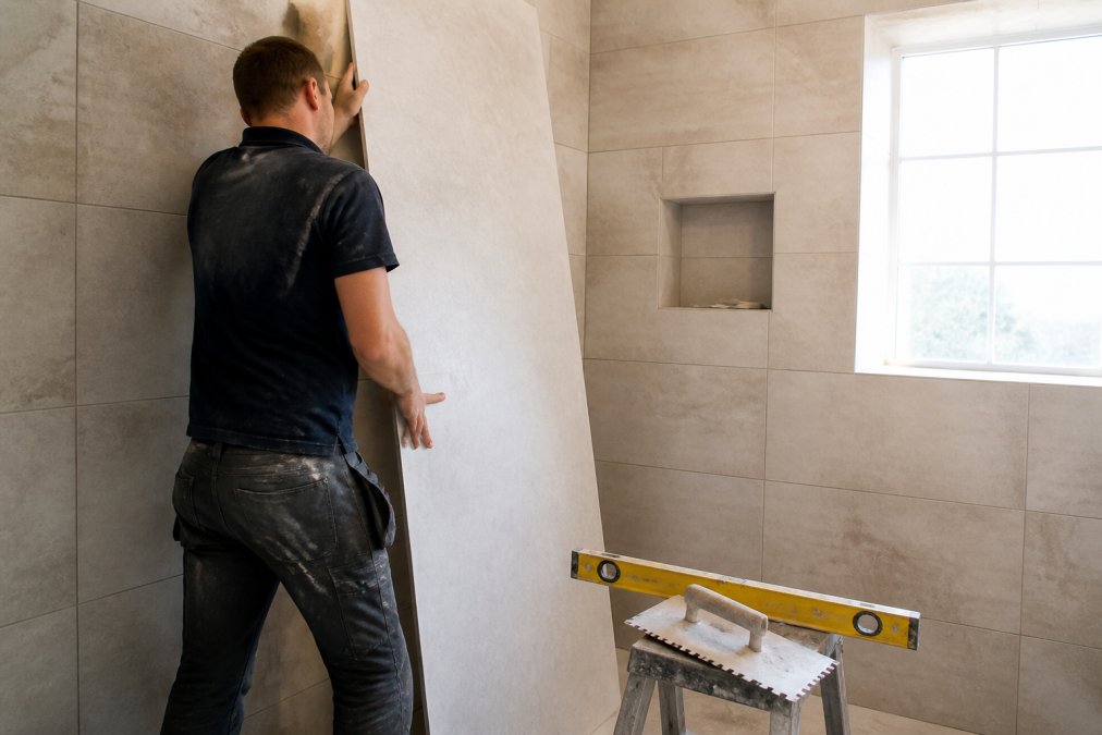 A contractor in workwear measuring a large wall panel against a tiled bathroom wall, with a spirit level and adhesive trowel on a nearby stool, bright natural light from a window