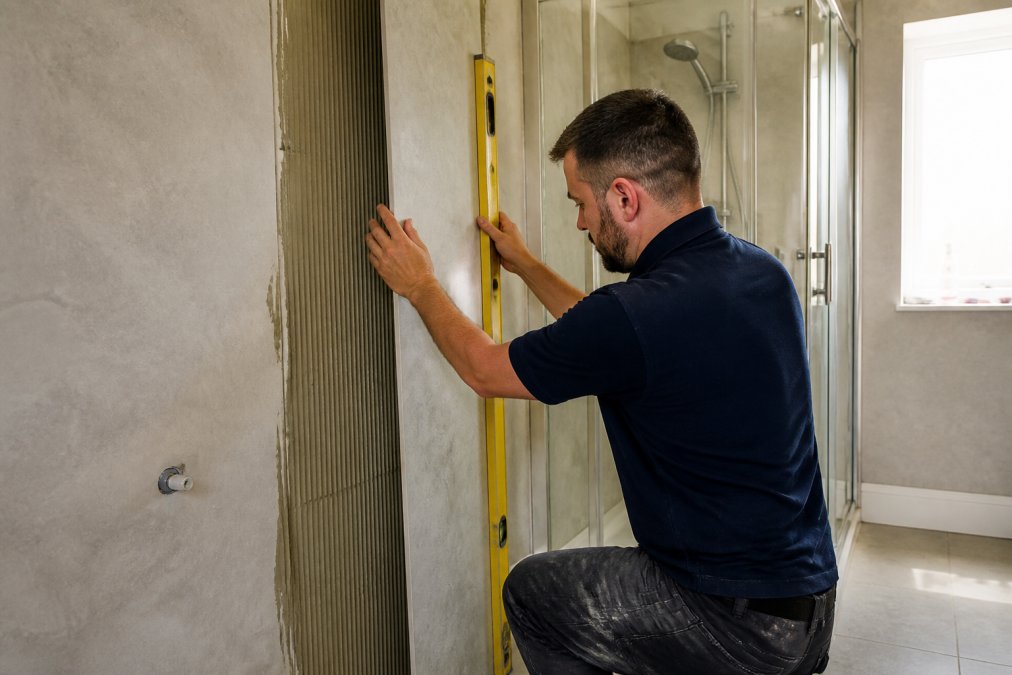 Professional installer carefully aligning composite wall panels in modern shower enclosure, hands applying adhesive to substrate whilst checking vertical alignment with spirit level, bright bathroom lighting
