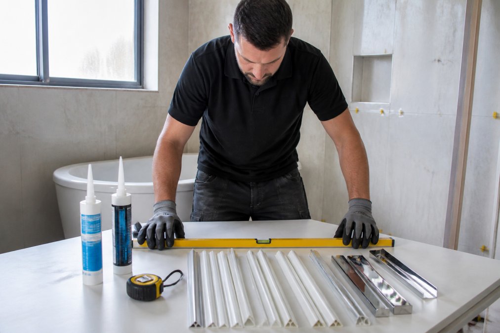 Close-up of professional installer's hands laying out tools and materials, spirit level, adhesive tube, silicone sealant, trim profiles, and measuring tape, arranged neatly on clean white work surface with bright natural lighting