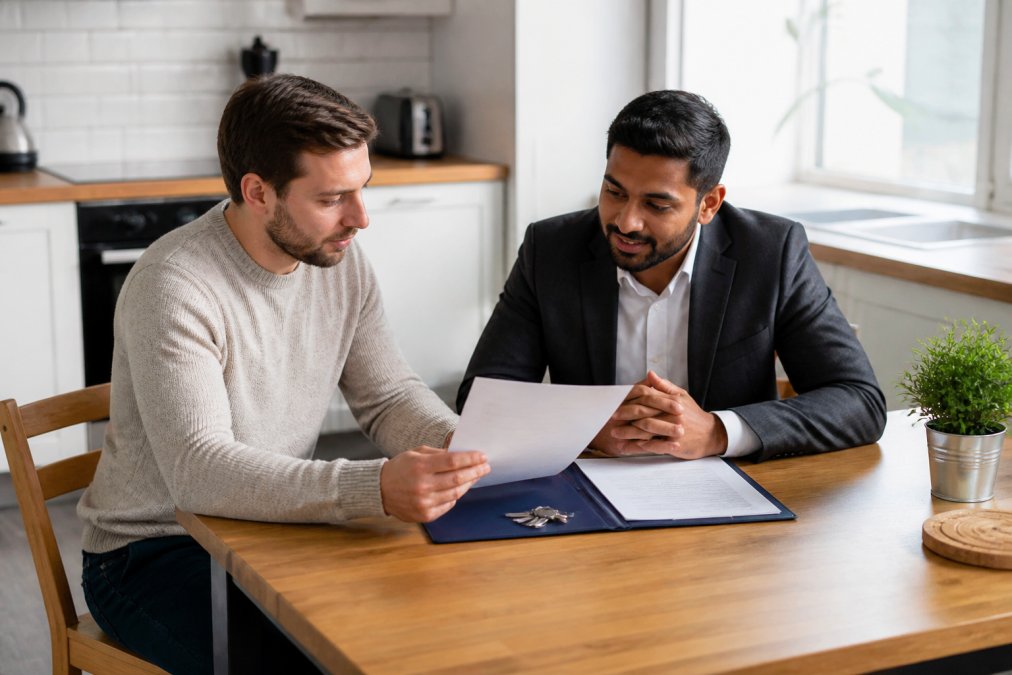 A landlord and a letting agent reviewing paperwork at a dining table in a rented shared house, laptop open and keys beside a folder of certificates