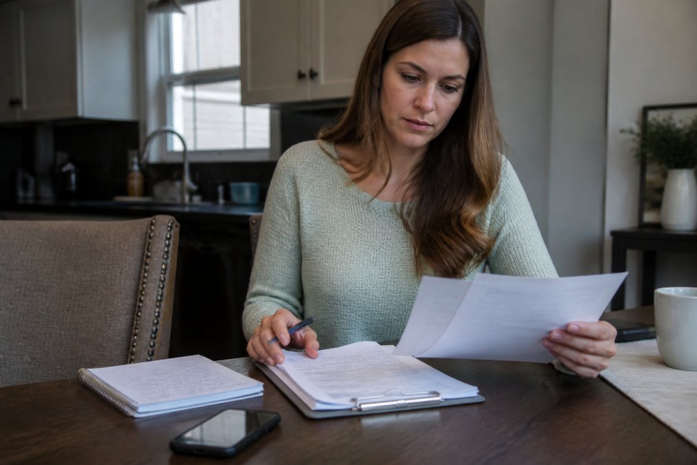 A homeowner reviewing pest control documentation and notes on a kitchen table with a phone nearby, preparing to contact their pest control company