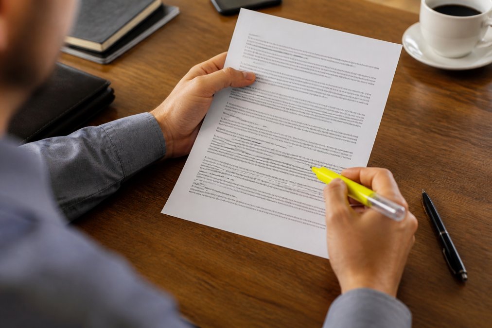 Close-up of a person's hands holding a pest control service agreement document, reviewing terms with a highlighter and pen on a desk
